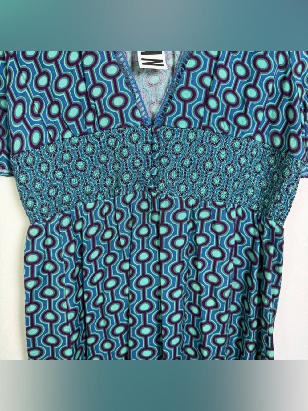 Urban Outfitters Women’s Blue Geometric Print Smocked Dress Boho Retro Y2K Sz L - Picture 3 of 12